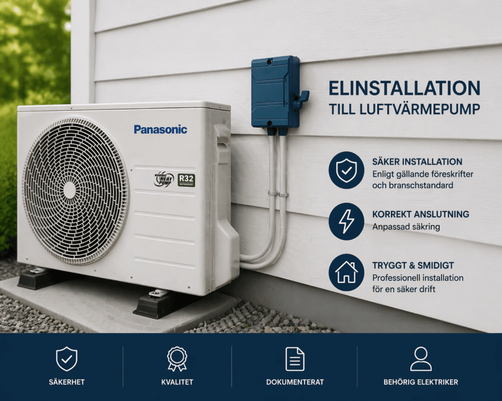 Elinstallation till Panasonic luftvärmepump – Säker och korrekt anslutning Professionell elinstallation av Panasonic luftvärmepump med säkerhetsbrytare monterad på husvägg
