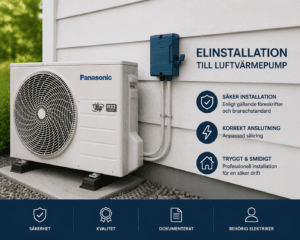 Professionell elinstallation av Panasonic luftvärmepump med säkerhetsbrytare monterad på husvägg