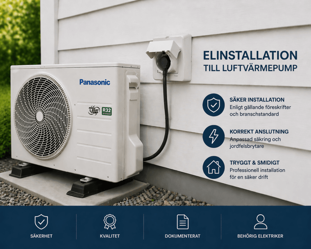 Elinstallation av Panasonic luftvärmepump med stickpropp – Säker och enkel anslutning Panasonic luftvärmepump CU-HZ25XKE ansluten med stickpropp till vägguttag för säker och korrekt elinstallation