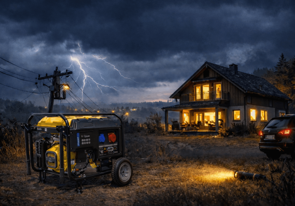 Bärbar yellow-black generator som står utomhus nära en modern villa under mörka åskmoln med blixtar i bakgrunden och ett upplyst hem, samt en parkerad SUV på gräset.