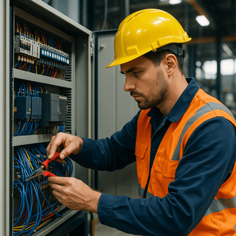 Automationselektriker justerar kablar i ett elskåp i industriell miljö